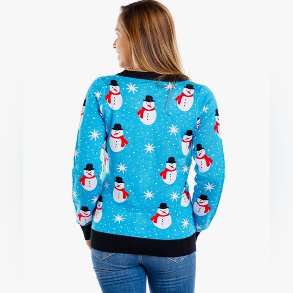 Tipsy Elves WOMEN'S SNAZZY SNOWMAN CARDIGAN SWEATER Size L Light Blue Holiday - Picture 10 of 12